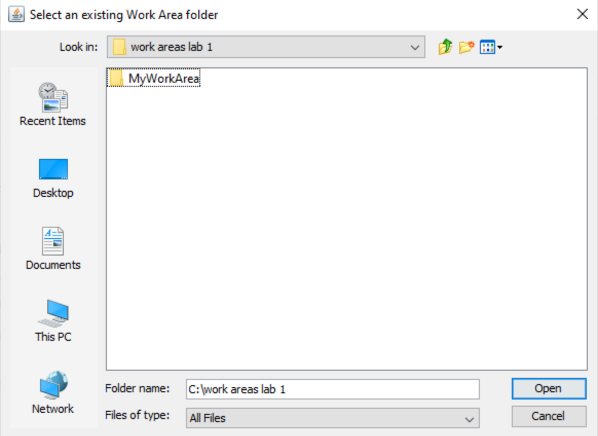 In the browse dialog, select the Work Area. Do not navigate into it.