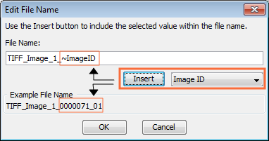 Image Studio 5.0 use the Insert button to insert values from the Images Table into an exported file name